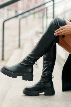 Damskie Boto Kozaki Za Kolano Na Platformie I Płaskim Obcasie Z Eko Skóry Czarne Loreviana