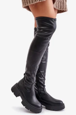 Damskie Boto Kozaki Za Kolano Na Platformie I Płaskim Obcasie Z Eko Skóry Czarne Loreviana