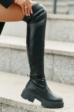Damskie Boto Kozaki Za Kolano Na Platformie I Płaskim Obcasie Z Eko Skóry Czarne Loreviana
