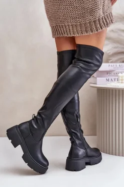 Damskie Boto Kozaki Za Kolano Na Platformie I Płaskim Obcasie Z Eko Skóry Czarne Loreviana