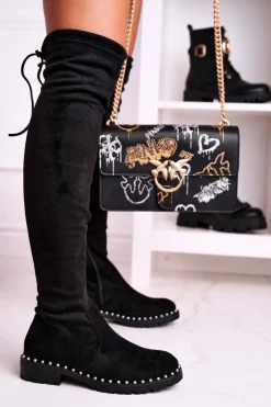 Damskie Boto Kozaki Za Kolano Z Perełkami Zamszowe Czarne Isabel