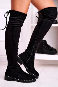Damskie Boto Kozaki Za Kolano Z Perełkami Zamszowe Czarne Isabel