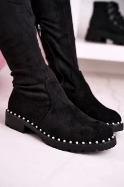 Damskie Boto Kozaki Za Kolano Z Perełkami Zamszowe Czarne Isabel