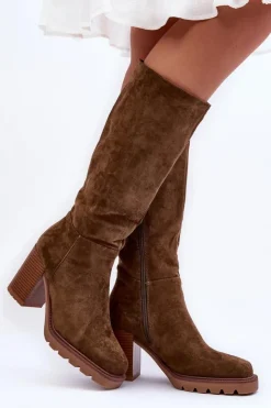 Damskie Boto Kozaki Zamszowe Na Masywnym Obcasie Oliwkowe Virdana