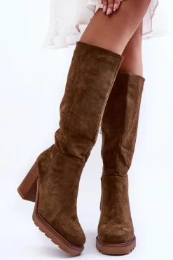 Damskie Boto Kozaki Zamszowe Na Masywnym Obcasie Oliwkowe Virdana