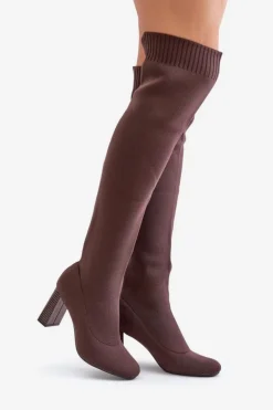 Boto Kozaki Ze Skarpetkową Cholewką Za Kolano Na Słupku Brązowe Esanira Brązowy