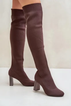 Boto Kozaki Ze Skarpetkową Cholewką Za Kolano Na Słupku Brązowe Esanira Brązowy