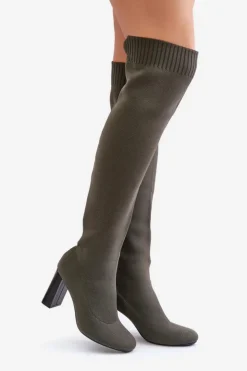 Boto Kozaki Ocieplane|Muszkieterki*Kozaki Ze Skarpetkową Cholewką Za Kolano Na Słupku Ciemnozielone Esanira Zielony
