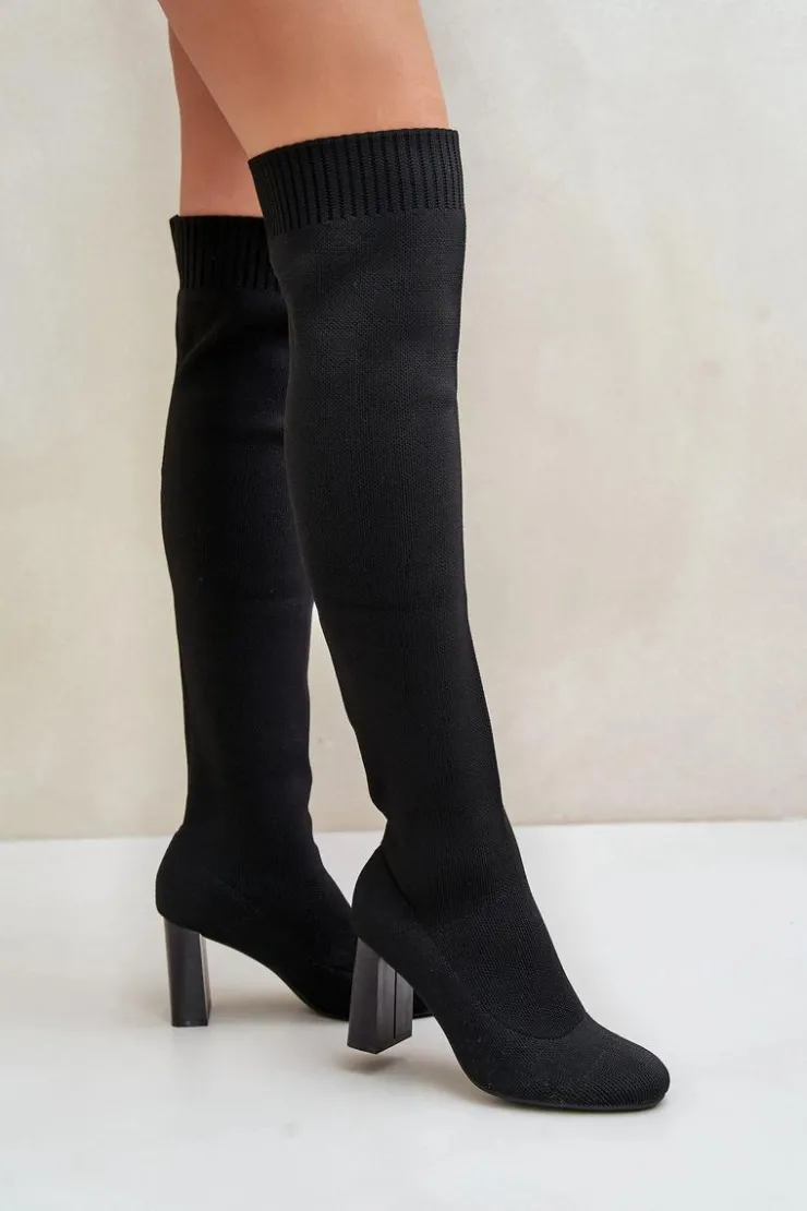 Damskie Boto Kozaki Ze Skarpetkową Cholewką Za Kolano Na Słupku Czarne Esanira