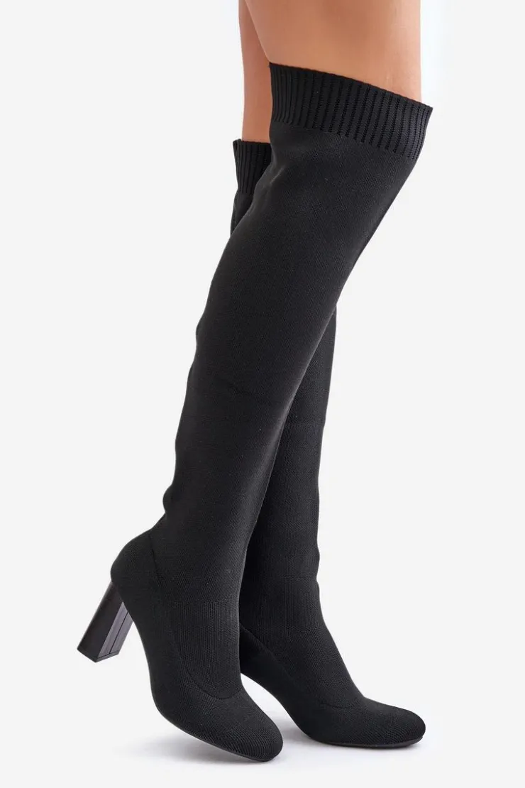 Damskie Boto Kozaki Ze Skarpetkową Cholewką Za Kolano Na Słupku Czarne Esanira