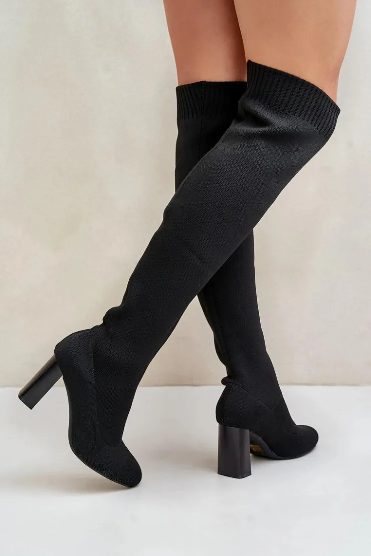 Damskie Boto Kozaki Ze Skarpetkową Cholewką Za Kolano Na Słupku Czarne Esanira