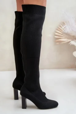 Damskie Boto Kozaki Ze Skarpetkową Cholewką Za Kolano Na Słupku Czarne Esanira