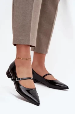 Boto Czółenka Klasyczne*Lakierowane Baleriny Na Delikatnym Obcasie Z Paskiem Czarne Isvella Czarny