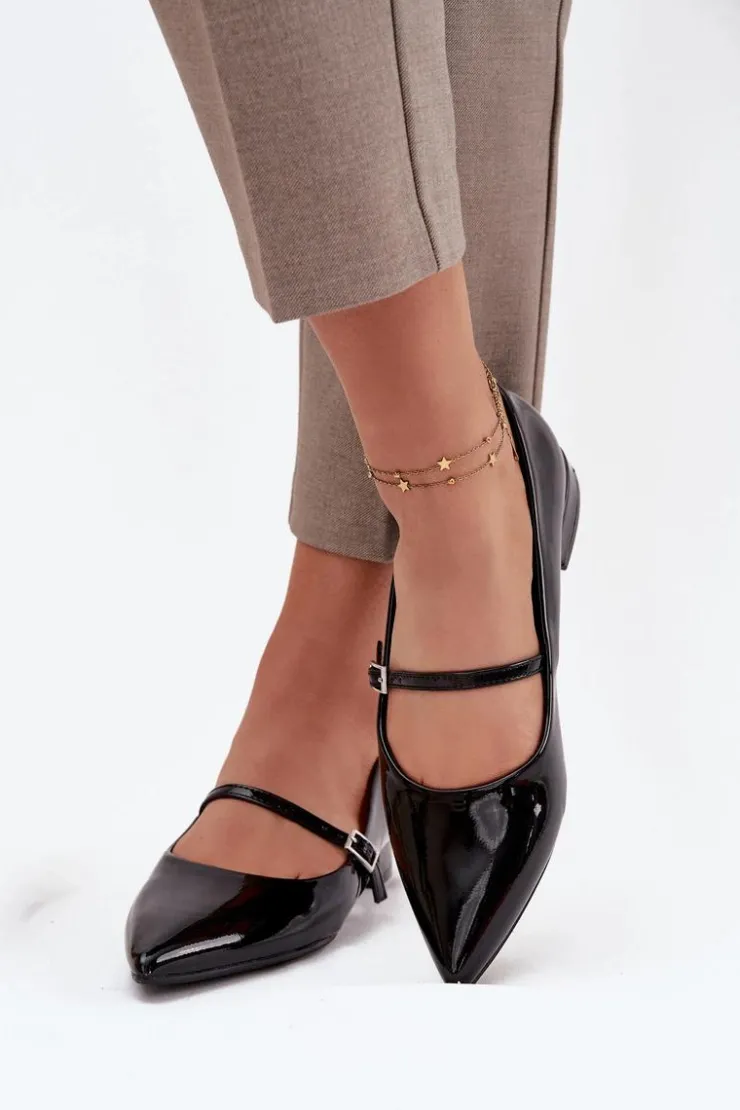 Boto Czółenka Klasyczne*Lakierowane Baleriny Na Delikatnym Obcasie Z Paskiem Czarne Isvella Czarny