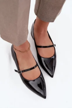 Boto Czółenka Klasyczne*Lakierowane Baleriny Na Delikatnym Obcasie Z Paskiem Czarne Isvella Czarny