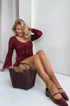 Damskie Boto Lakierowane Baleriny Na Delikatnym Obcasie Z Paskiem Bordowe Isvella