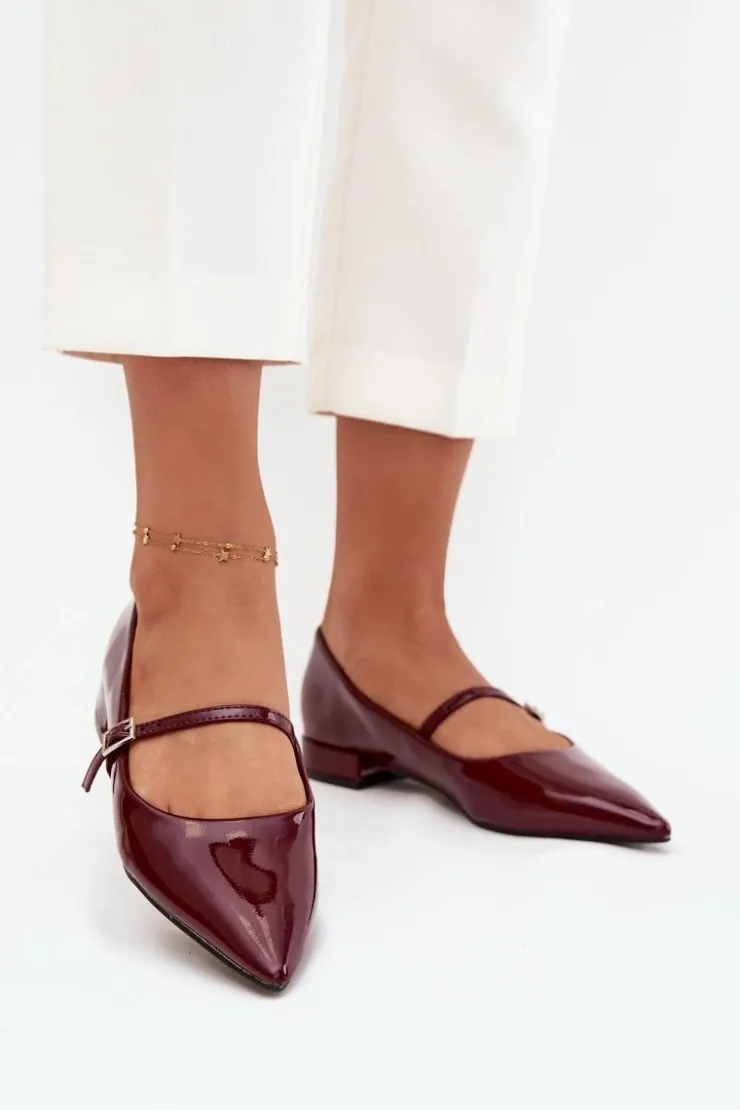 Damskie Boto Lakierowane Baleriny Na Delikatnym Obcasie Z Paskiem Bordowe Isvella