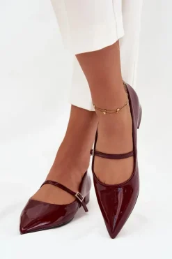 Damskie Boto Lakierowane Baleriny Na Delikatnym Obcasie Z Paskiem Bordowe Isvella