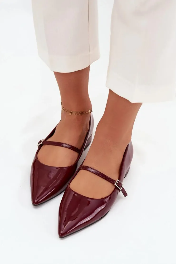 Damskie Boto Lakierowane Baleriny Na Delikatnym Obcasie Z Paskiem Bordowe Isvella