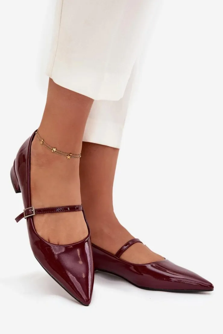 Damskie Boto Lakierowane Baleriny Na Delikatnym Obcasie Z Paskiem Bordowe Isvella