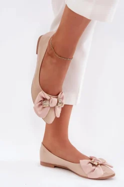 Clearance Boto Lakierowane Baleriny Z Kokardą I Złotą Broszką Beżowe Rivona