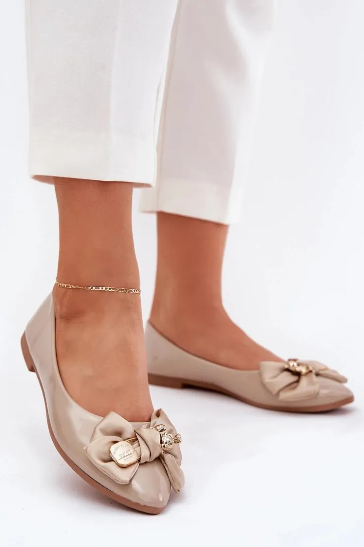 Boto Baleriny Skórzane|Baleriny Klasyczne*Lakierowane Baleriny Z Kokardą I Złotą Broszką Ciemnobeżowe Rivona