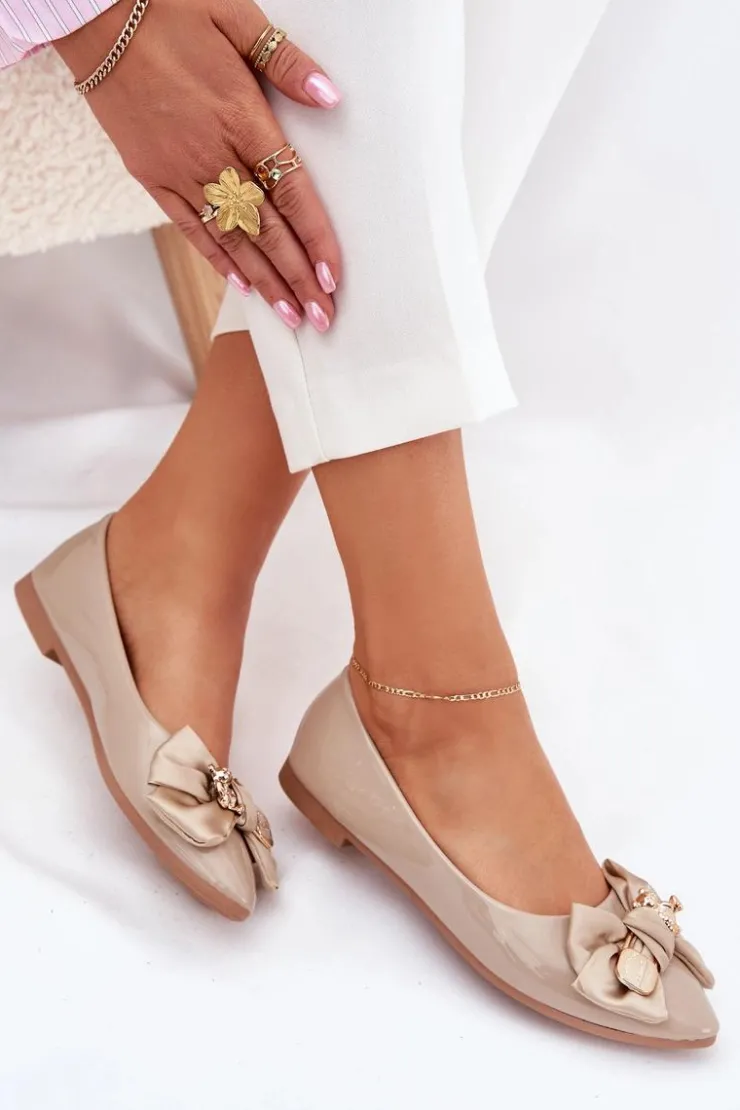 Boto Baleriny Skórzane|Baleriny Klasyczne*Lakierowane Baleriny Z Kokardą I Złotą Broszką Ciemnobeżowe Rivona