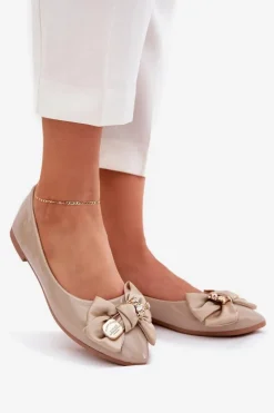 Boto Baleriny Skórzane|Baleriny Klasyczne*Lakierowane Baleriny Z Kokardą I Złotą Broszką Ciemnobeżowe Rivona