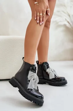 Damskie Boto Lakierowane Botki Damskie Z Kokardą Czarne Ocenttia