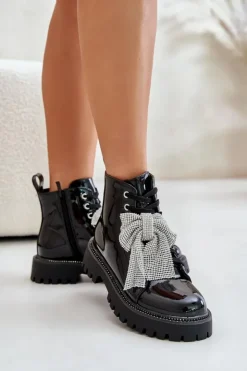 Damskie Boto Lakierowane Botki Damskie Z Kokardą Czarne Ocenttia