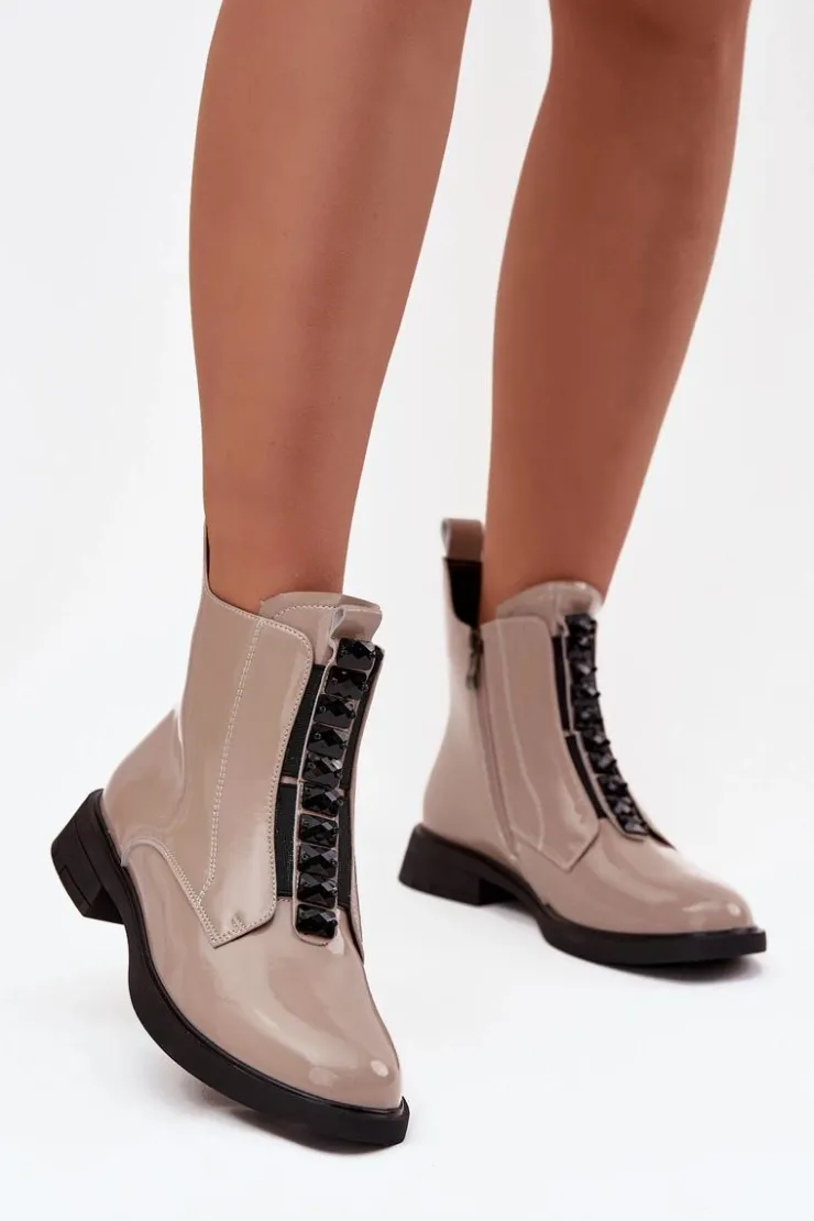 D&A Botki Skórzane|Botki Płaskie*Lakierowane Botki Damskie Z Naturalnej Skóry MR52-108 Beżowe Beżowy