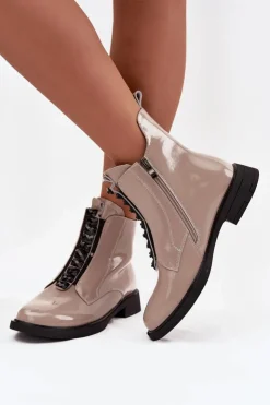D&A Botki Skórzane|Botki Płaskie*Lakierowane Botki Damskie Z Naturalnej Skóry MR52-108 Beżowe Beżowy