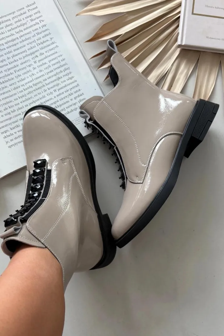 D&A Botki Skórzane|Botki Płaskie*Lakierowane Botki Damskie Z Naturalnej Skóry MR52-108 Beżowe Beżowy