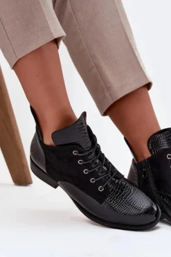 Buty damskie Vinceza Botki Ocieplane|Botki Sznurowane*Lakierowane Botki Damskie Z Ozdobnym Tłoczeniem Ocieplane Vinceza 16477 Czarne