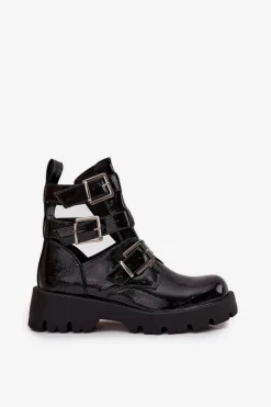 New Boto Lakierowane Botki Damskie Z Paskami I Srebrnymi Klamrami Czarne Helisse Czarny