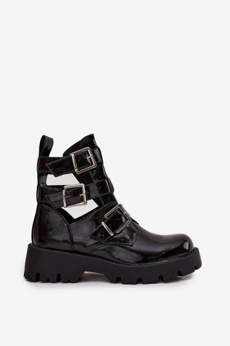 New Boto Lakierowane Botki Damskie Z Paskami I Srebrnymi Klamrami Czarne Helisse Czarny