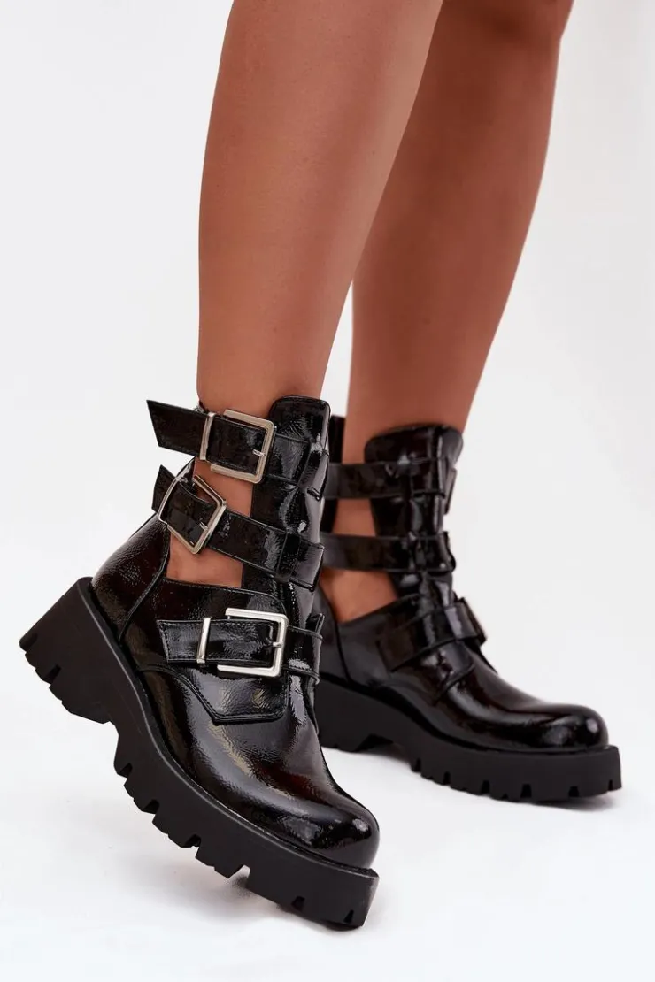 New Boto Lakierowane Botki Damskie Z Paskami I Srebrnymi Klamrami Czarne Helisse Czarny