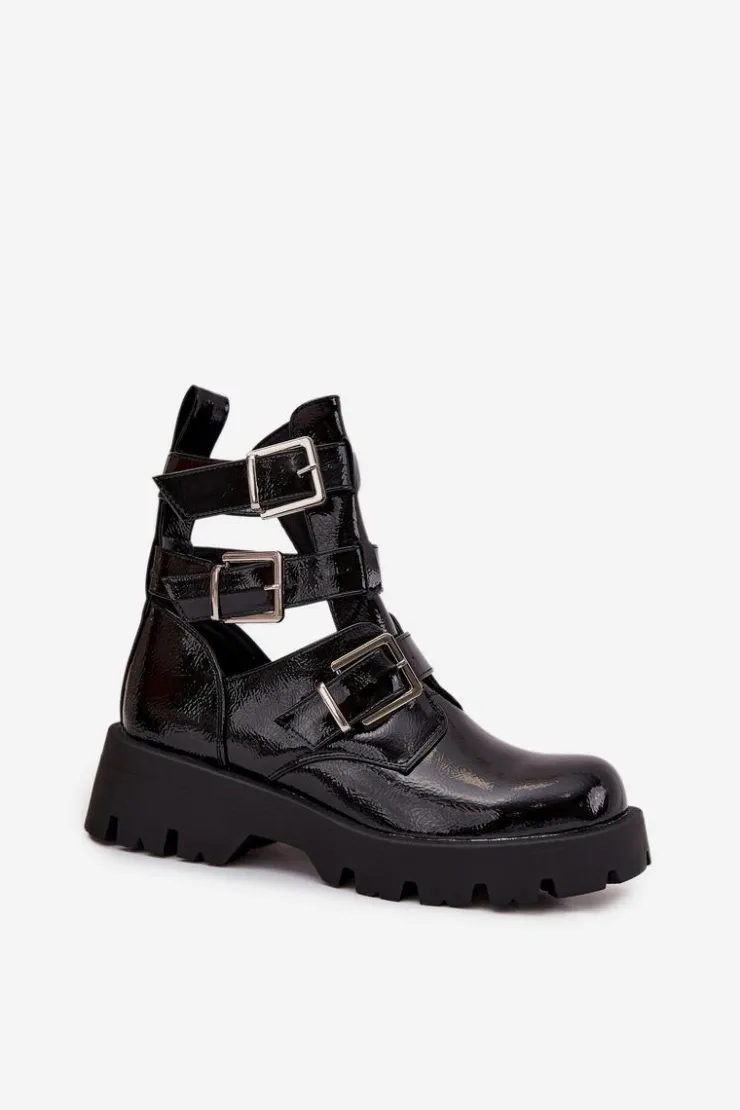 New Boto Lakierowane Botki Damskie Z Paskami I Srebrnymi Klamrami Czarne Helisse Czarny