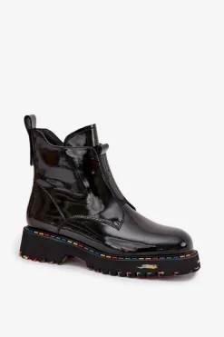 Artiker Botki Ocieplane|Botki Skórzane*Lakierowane Botki Damskie Z Naturalnej Skóry Ocieplane 57C0166 Czarne Czarny