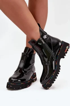 Artiker Botki Ocieplane|Botki Skórzane*Lakierowane Botki Damskie Z Naturalnej Skóry Ocieplane 57C0166 Czarne Czarny