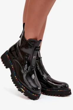 Artiker Botki Ocieplane|Botki Skórzane*Lakierowane Botki Damskie Z Naturalnej Skóry Ocieplane 57C0166 Czarne Czarny