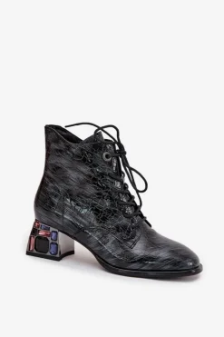 Outlet Artiker Lakierowane Botki Damskie Z Naturalnej Skóry Na Obcasie Z Kryształkami 57C0132 Szare Szary