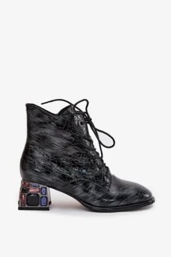 Outlet Artiker Lakierowane Botki Damskie Z Naturalnej Skóry Na Obcasie Z Kryształkami 57C0132 Szare Szary