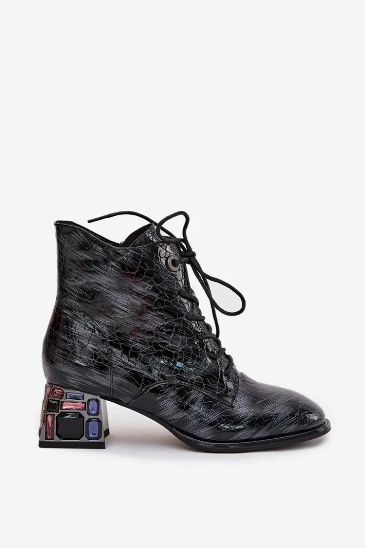 Outlet Artiker Lakierowane Botki Damskie Z Naturalnej Skóry Na Obcasie Z Kryształkami 57C0132 Szare Szary