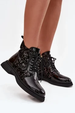 Damskie buty S.Barski Botki Ocieplane|Damskie Trapery*Lakierowane Botki Damskie Ocieplane D&A CR52-613 Czarne