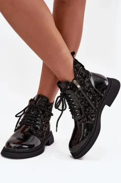 Damskie buty S.Barski Botki Ocieplane|Damskie Trapery*Lakierowane Botki Damskie Ocieplane D&A CR52-613 Czarne