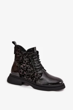 Damskie buty S.Barski Botki Ocieplane|Damskie Trapery*Lakierowane Botki Damskie Ocieplane D&A CR52-613 Czarne