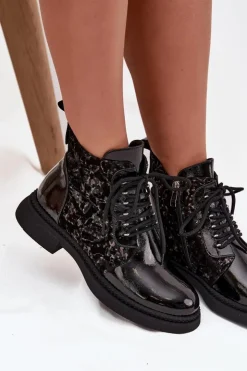 Damskie buty S.Barski Botki Ocieplane|Damskie Trapery*Lakierowane Botki Damskie Ocieplane D&A CR52-613 Czarne