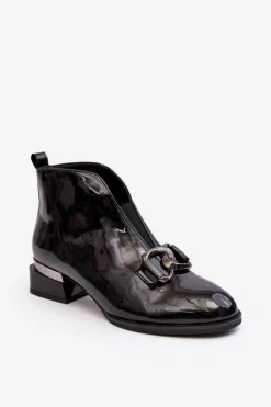 Buty damskie Vinceza Czarne Botki|Botki Na Obcasie*Lakierowane Botki Damskie Na Niskim Obcasie Ocieplane Czarne Loos