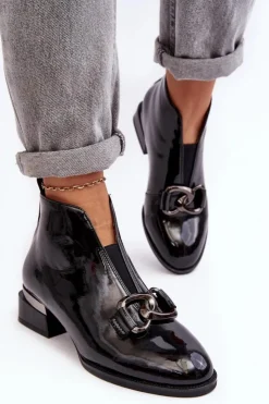 Buty damskie Vinceza Czarne Botki|Botki Na Obcasie*Lakierowane Botki Damskie Na Niskim Obcasie Ocieplane Czarne Loos